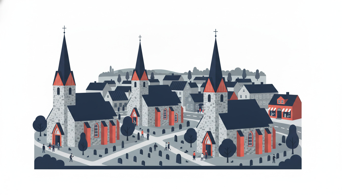 Stiliseret illustration af Sønderborg-kirker: tre hvide stenkirkebygninger med røde tage og høje spir med kors, omgivet af kirkegårde med gravsten, træer og besøgende blandt græsarealer og byens hustagene.