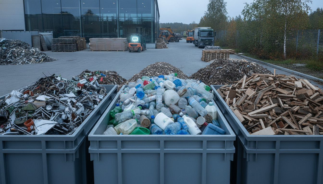 Sorteret genbrugsmaterialer i store industrielle beholdere — metal, plastik og træ adskilt i separate biler.
