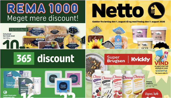 Coop365 har tilbud på Lambi toiletpapir til 16 kr. og Netto byder på Kohberg brød til 12 kr.