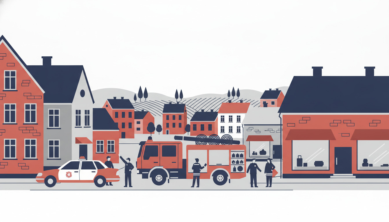 Flad vektorillustration af Otterups redningsberedskab: en hvid politibil og en orange brandbil parkeret på en byvej med uniformerede politibetjente og brandmænd, omgivet af beboelsesbygninger i rødt mursten og mørkttagede dansk arkitektur.