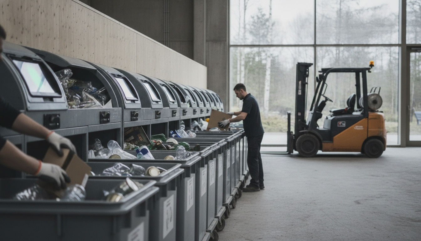 Hænder sorterer affald i genbrugsbeholdere på en recyclingstation.