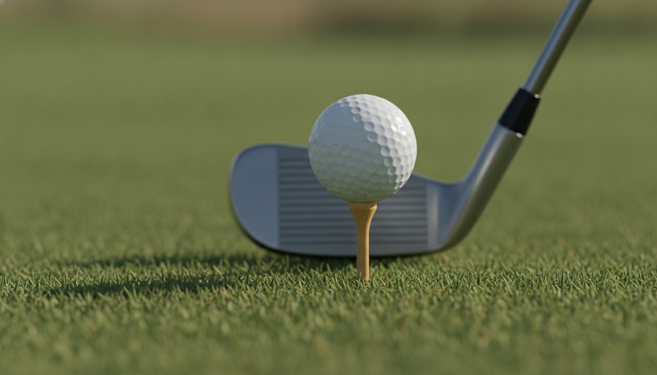 Golfbold på tee med golfkølle i baggrunden på kort golfbane.