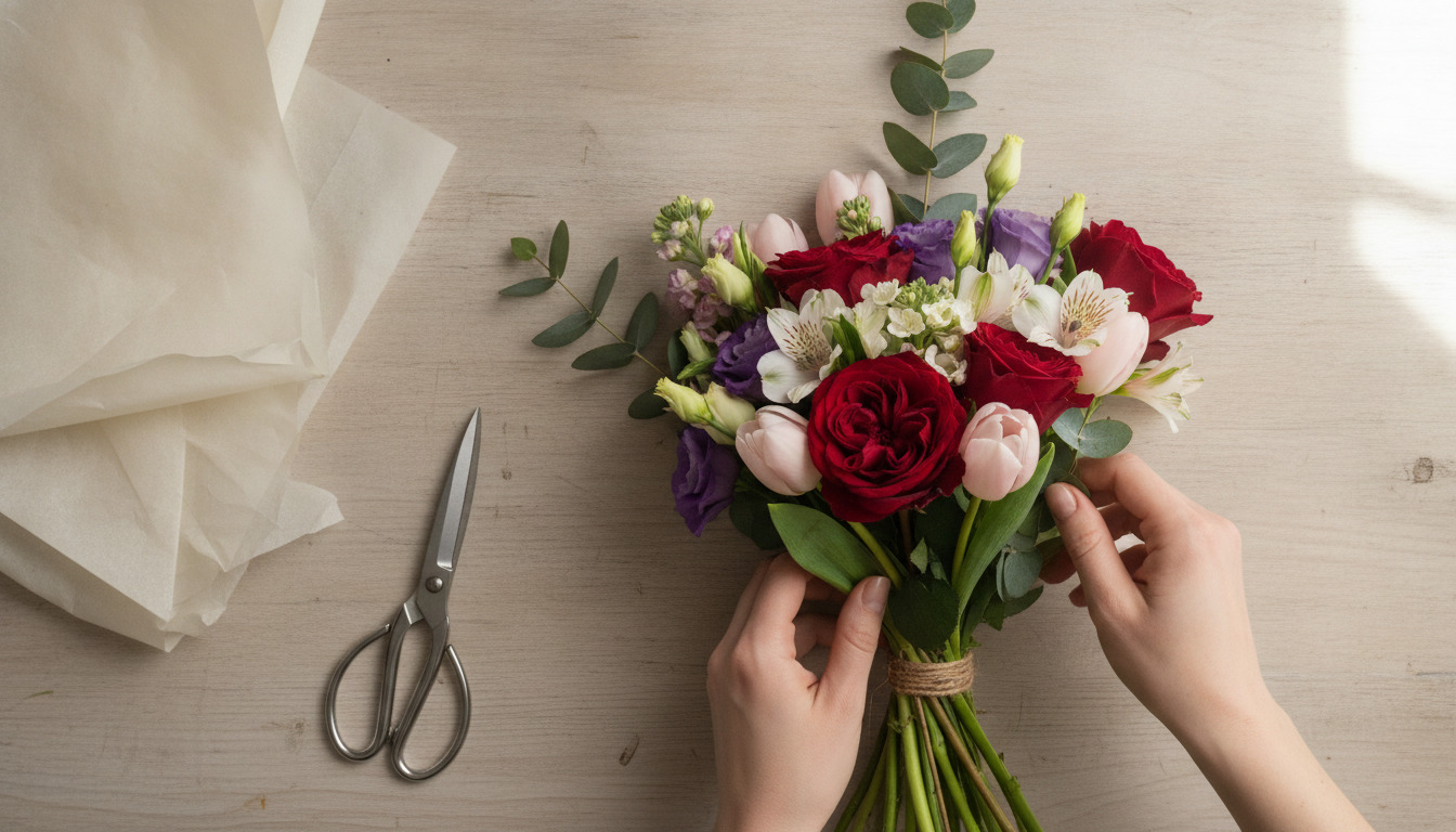 Blomsterdekoratørs hænder holder en farverig buket med roser, tulipaner og grønt på træbord med naturligt dagslys.