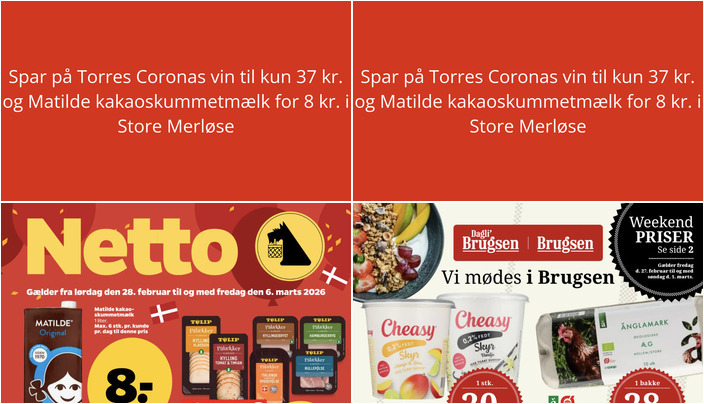 Spar på Torres Coronas vin til kun 37 kr. og Matilde kakaoskummetmælk for 8 kr. i Store Merløse