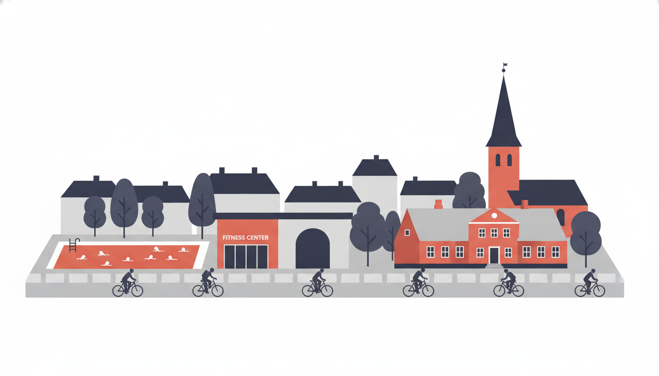 Flad vektorillustration af Jyderup fritidsvenue: svømmebassin med svømmere, fitnesscenter, rødbygget Præstegården kulturhus, middelalderlig kirketårn, cyklister på en sti, træer og bystakker i en varm korall- og marineblupalette.