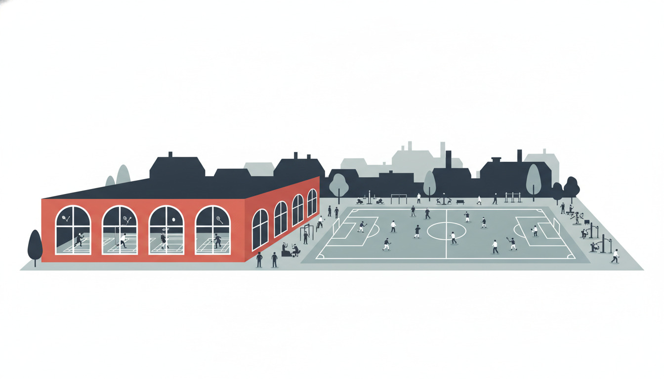 Fladt vektor-illustration af Hadsund idrætscentrum med en karakteristisk rød bygning med buede vinduer, flere fodboldpladser med spillere og byens silhuet i baggrunden.