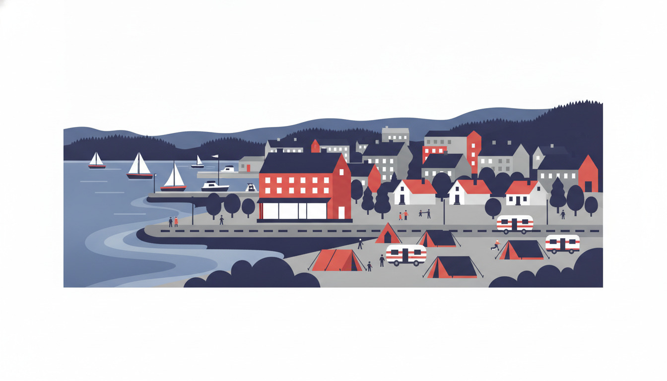 Illustration af kystbyen Skælskør med campingtelte og caravaner i forgrunden, traditionelt rødt waterfront-hotel, bed & breakfast-hytter blandt træer, sejlbåde i fjorden, skovbeklædte bakker i baggrunden.