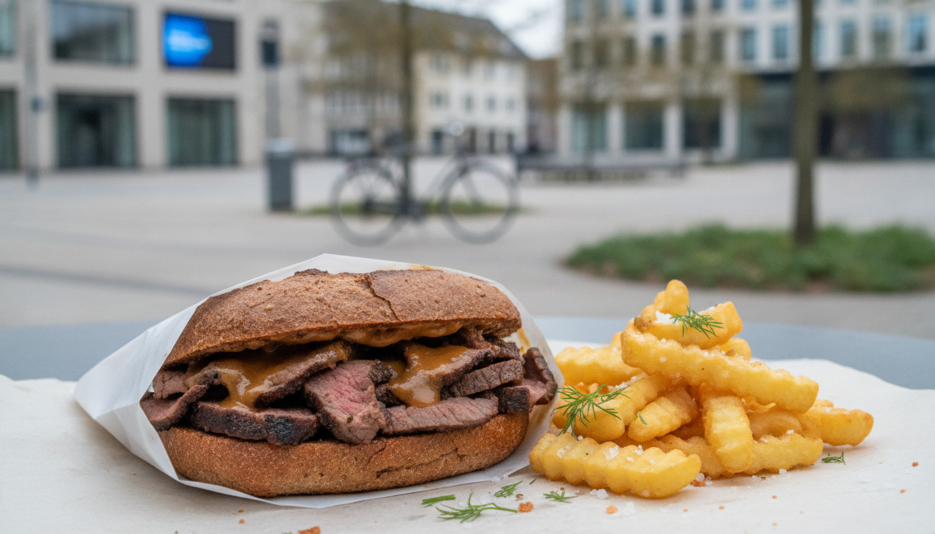 Tætslut af grillmad: oksetakost i rugbrød med bearnaise og pommes frites, anrettet på hvidt papir mod neutral baggrund.