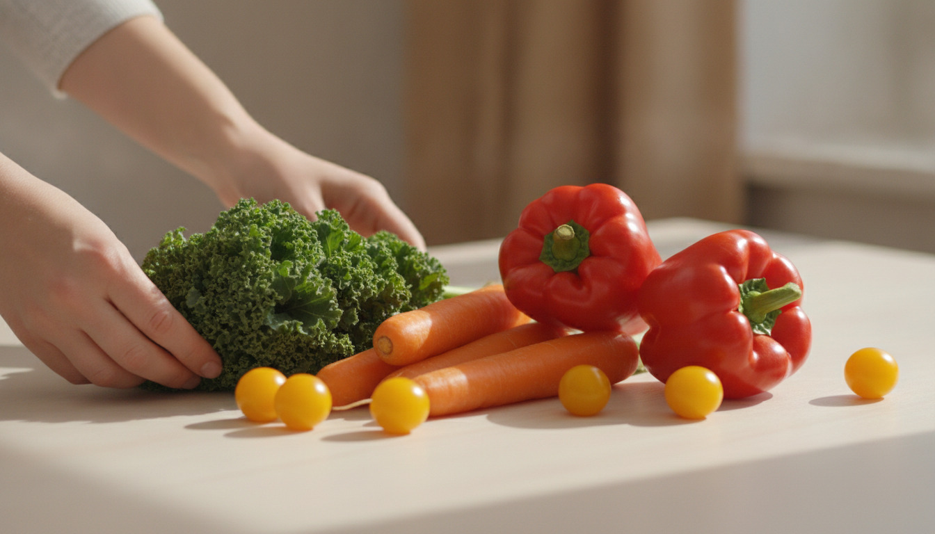 Børnehænder arrangerer friske grøntsager – broccoli, gulerod, røde paprikaer og gule tomater – på en lyst bord.