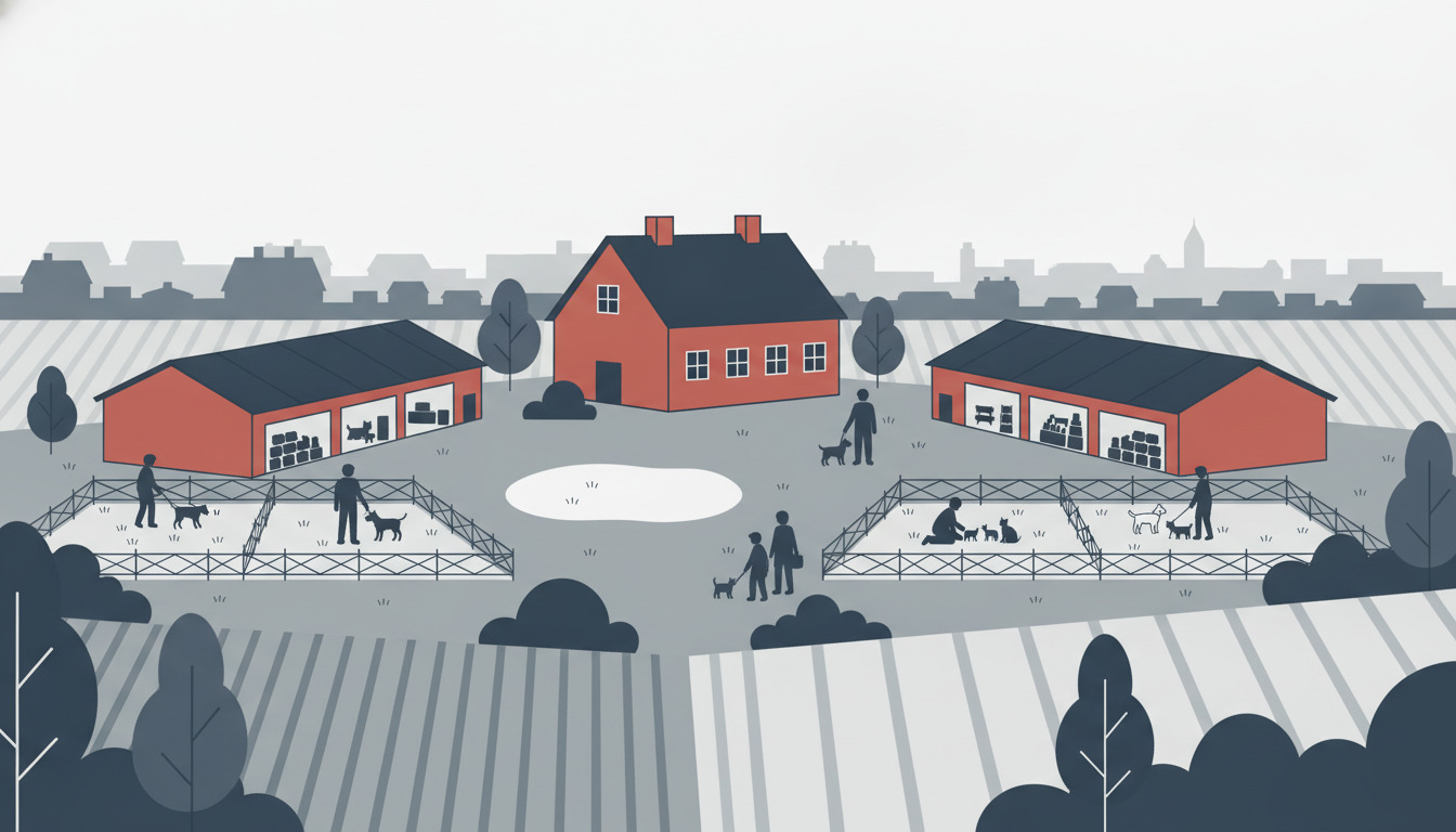 Flad vektorillustration af landdistrikts dyreasyl i Jylland: røde landbrygninger med mørke tage, indhegnede udendørs legepladser med personale og besøgende, der interagerer med hunde, stribede marker, træer og en central sø.