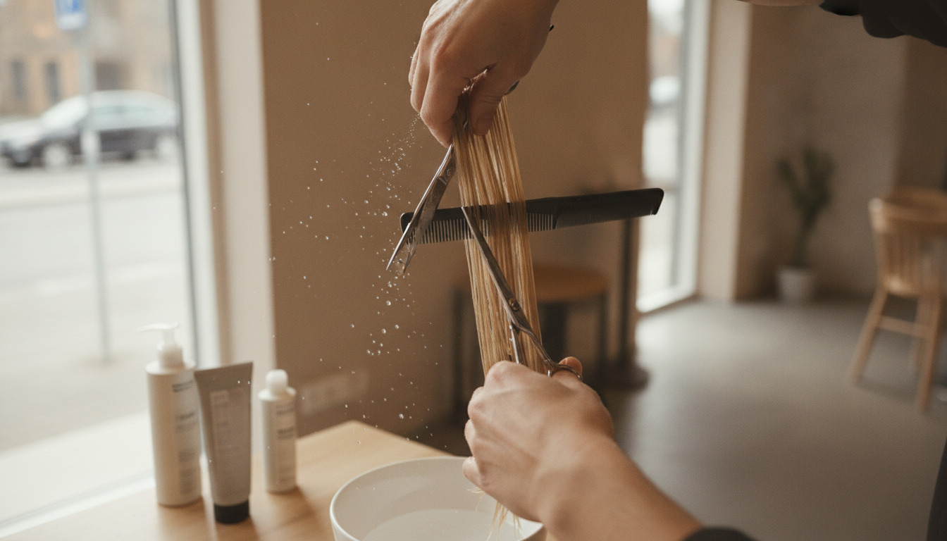 Frisørhænder trimmer blond hår med saks og kam, vanddraber glitrer i naturligt lys.