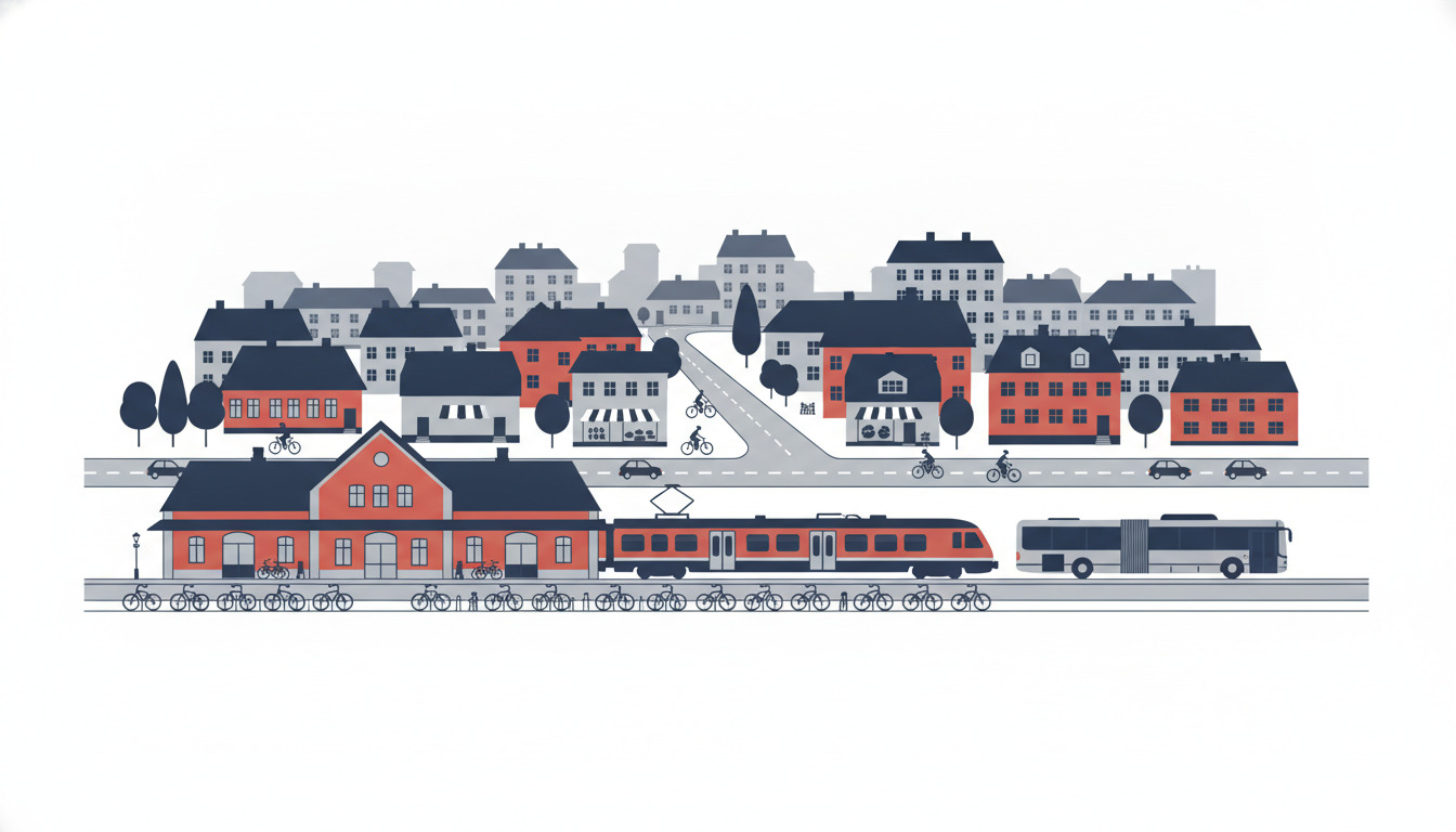 Flad vektorillustration af Sønderborg transportknutepunkt: rødt mursten stationsbygning med cykelstativer, regionaltog ved perron, bus, travle veje med cyklister og biler, boligbygninger og butikker i baggrunden.