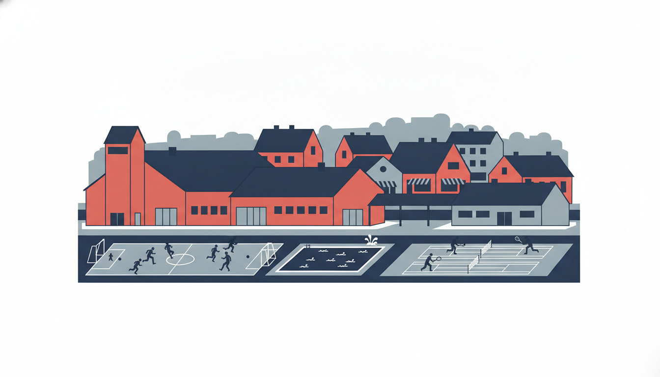 Fladt vektorillustration af Bogense sportsfaciliteter med røde bygninger, fodboldbane, svømmebassin og tennisbaner med aktive personer – symbolisering af byens mangfoldige idrætskultur.