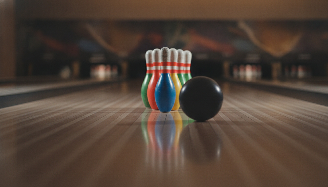 Tæt billede af farvede bowlingkeglers arrangement og sort kugle på glat træbane.