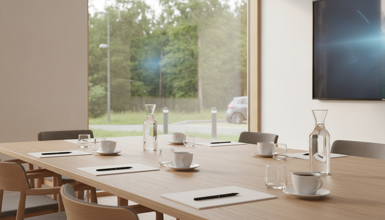 Et moderne konferencebord med noteblokke, kuglepen og kaffekrus på lyst træ.