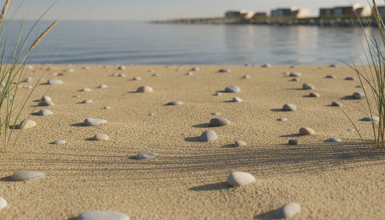 Strandsand med småsten og græstust i forgrund, uklar vandoverflade bagved, nordisk kystlys.