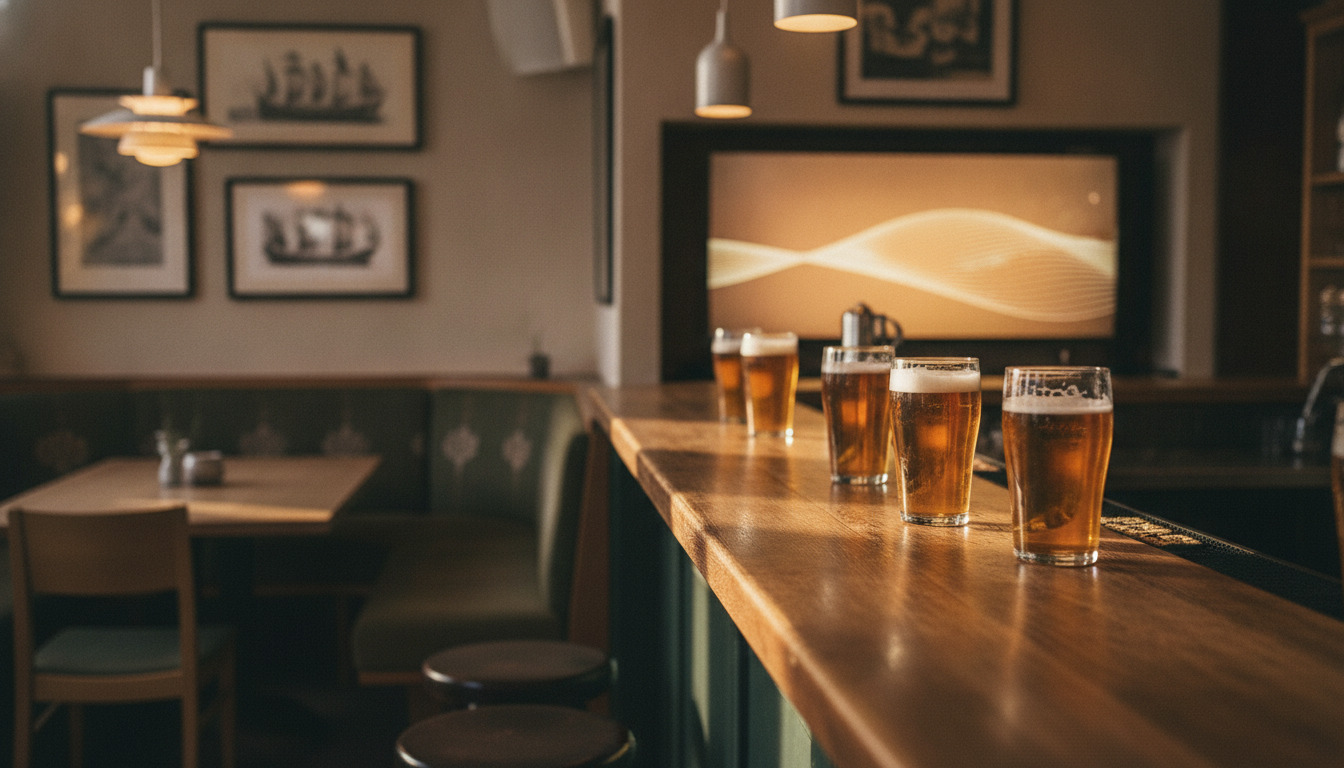 Øl i glas på træbar med varmt lys og uskarp baggrund af pubinteriør.