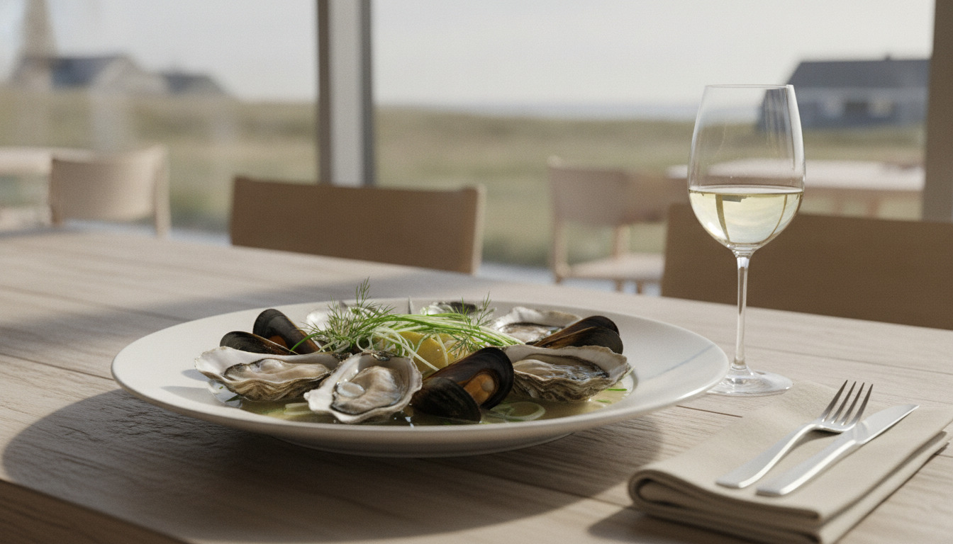 Elegantplateleret seafood med østers og muslinger, hvitvins og servietter på træbord.
