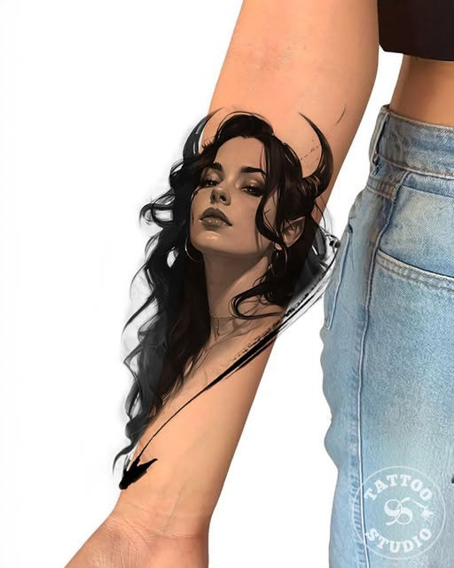 Tattoo Studio 96 præsenterer elegant og stærkt kvindeportræt tattoo design af Sasha