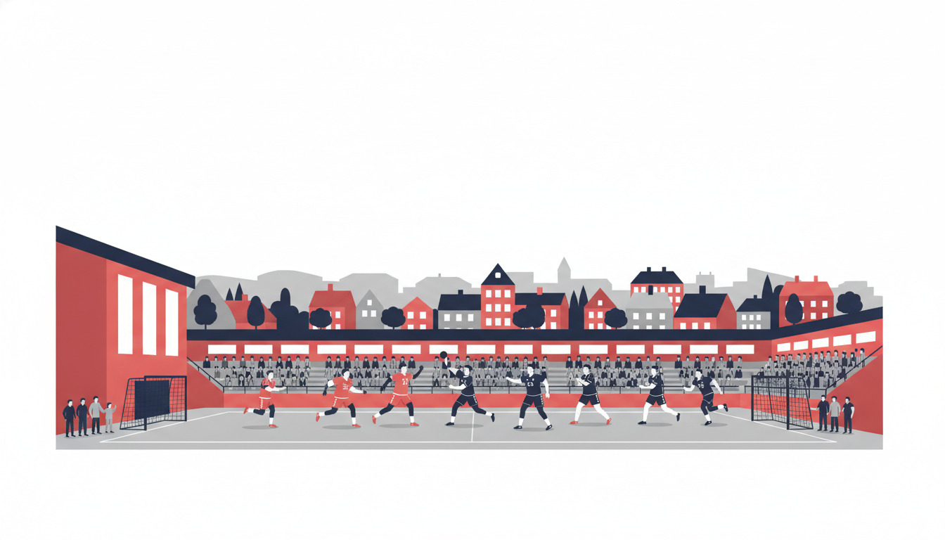 Flat-vector illustration af en udendørs fodboldkamp med spillere på en fodboldbane, tilskuere på tribuner og en generisk bysilhuet—forkert sport og letterbox-komposition for Skjern Håndbold indendørshallescene.