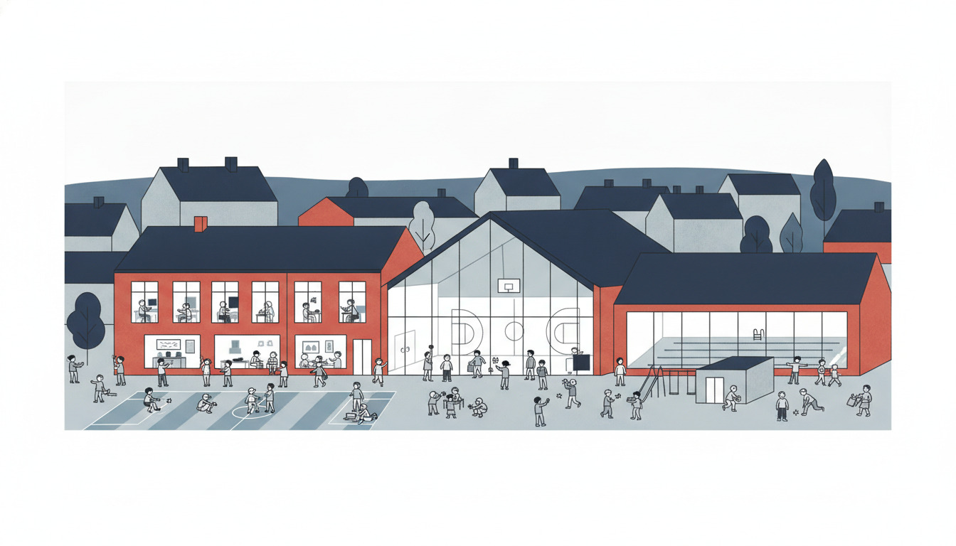 Skoler i Hadsund: en rød modernistisk skole med stort glashus, idrætshal og legeplads med mange børn og aktiviteter, omgivet af hjemmene på bakken.