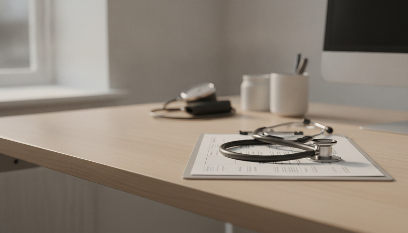 Lægestethoskop ligger på en clipbord med noter på et lyst træbord med medicinsk kontorambiance.