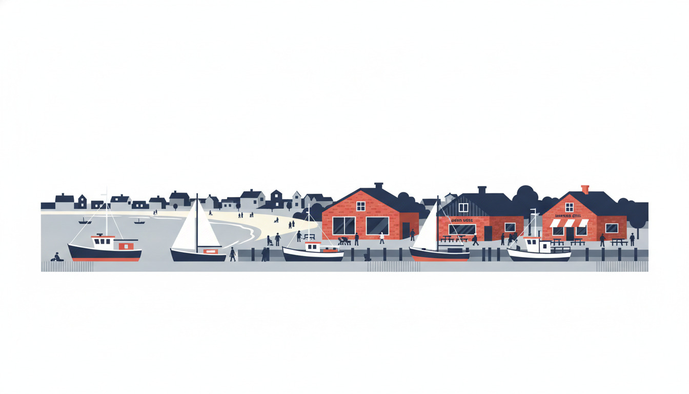 Hornbæk Havn: en travl fiskerihavn med røde bygninger ved vandkanten, fortøjede både og strandgæster langs den sandede strand, fremstillet som en fladtvektor-illustration.
