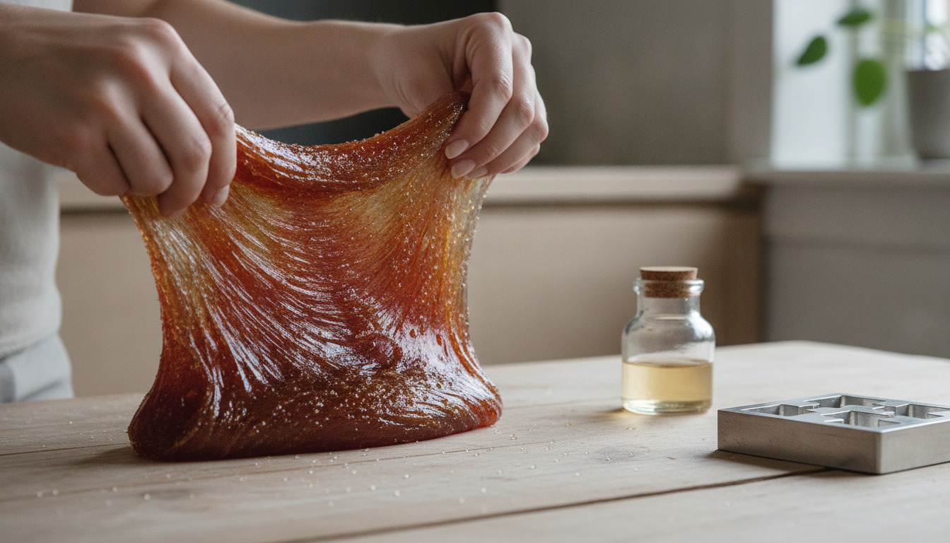 Hænder strækker glitende rødt og amber sukkerkaramel på trækomplet med glasflaske og metalforme i baggrunden.