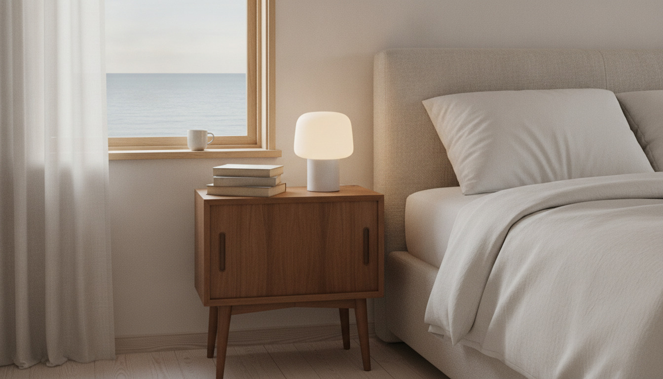 Detalje af træbordpladen med keramiklampe, biler og kop ved vinduet med udsigt til havet.
