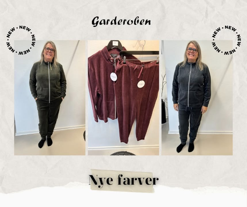 Garderoben præsenterer nye velour sæt i grå og grøn i butikken i Brovst
