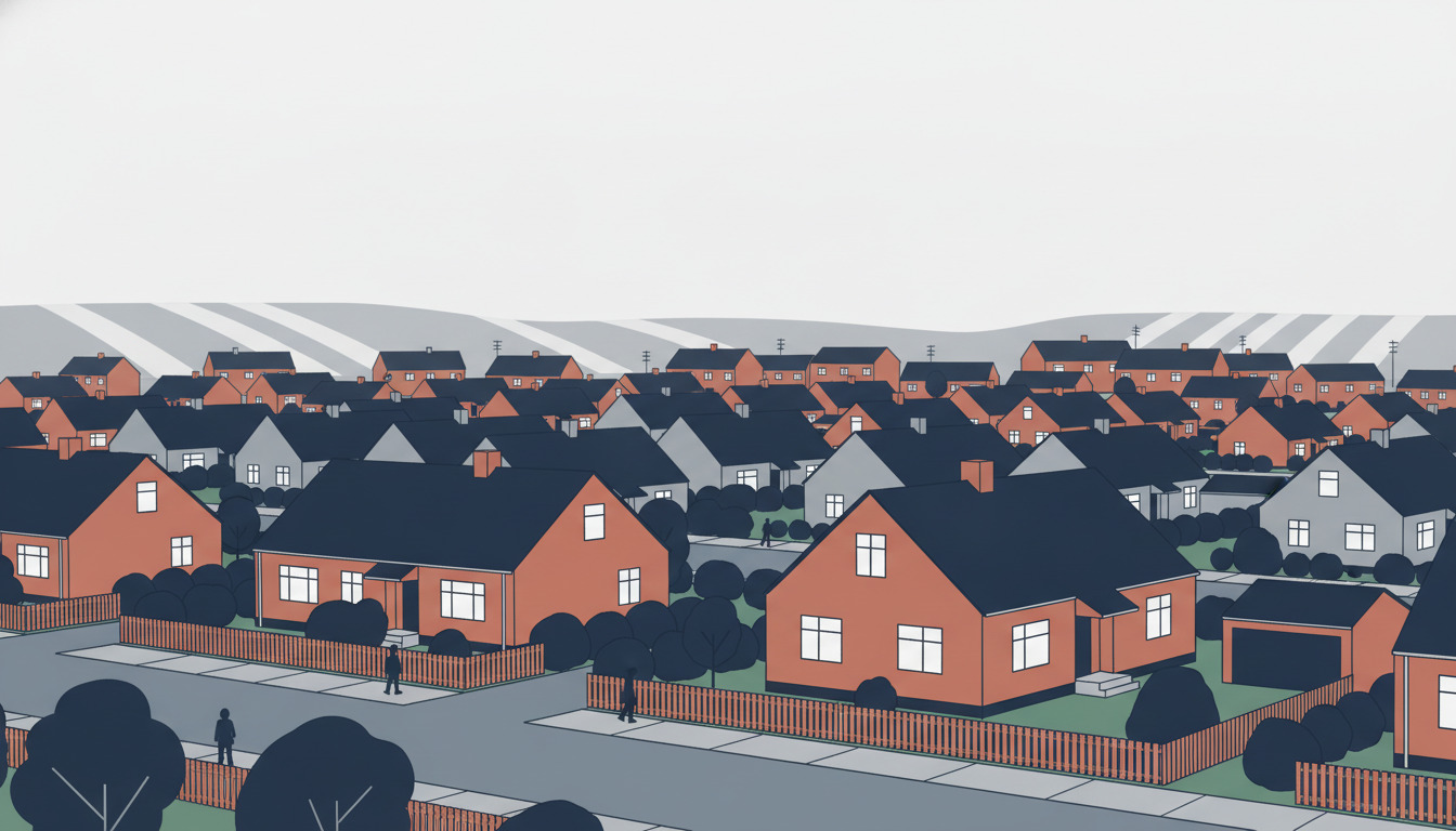 Flad vektorillustration af et dansk boligkvarter med teglstenshuse, spidstage, haveafslutninger og træbeplantede gader typisk for 1950'erne–1960'erne i Middelfart.
