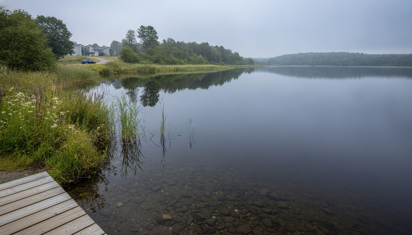 Stille ferskvandssø med rørskov, dunkelt vand og skovbakgrund på overskyet dag.