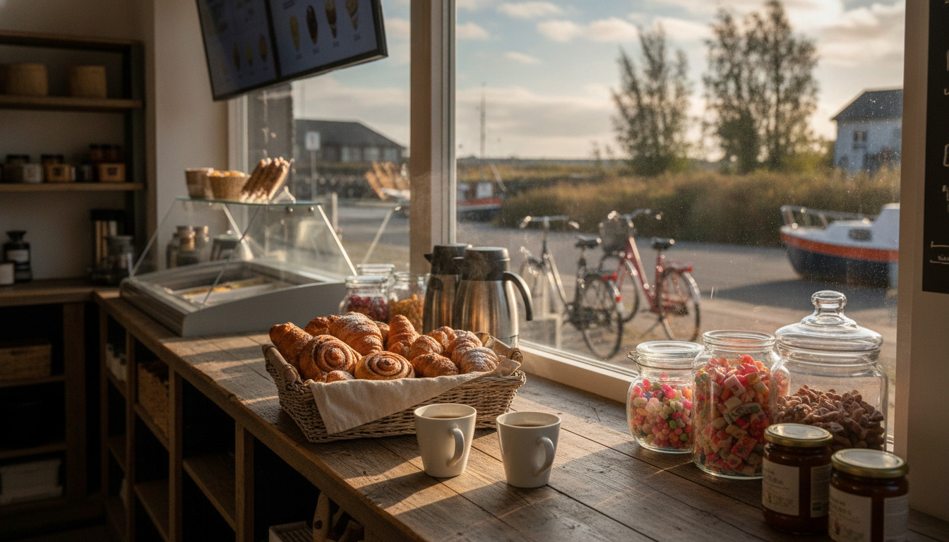 Detaljeret billede af en trækontorbord med friske bakervarer, kaffe og slikglas i sollys.