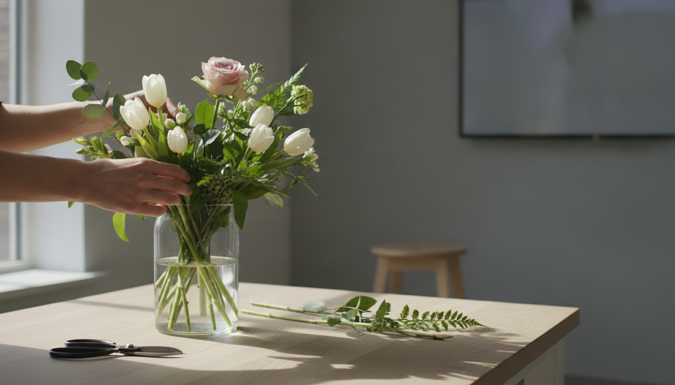 Hænder arrangerer et blomsterbukket med roser, tulipaner og grønt i en glaskrukke på et bord med sakse og blomsteraffald.