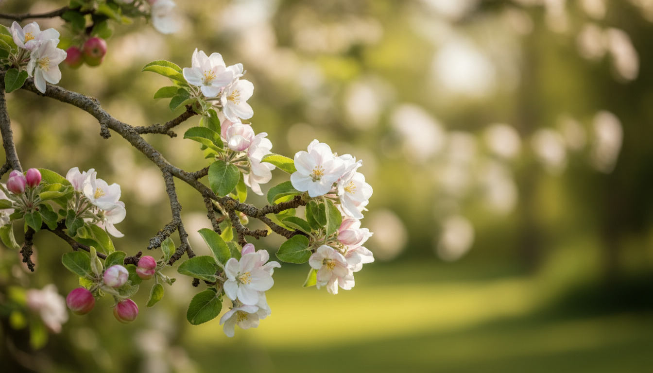 Hvide og lyserøde blomster på grenene af et æbletræ med grønne blade i forårssollys.