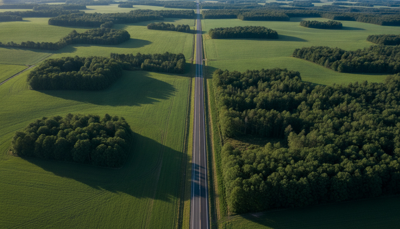 Luftfoto af landevej gennem dansk landsdele med marker og skovpartier.