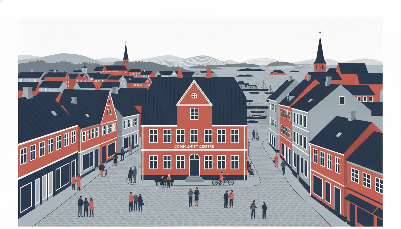 Flad vektorillustration af Ærøskøbings charmerende bymidte med en karakteristisk rød kommunehusbygning med gavltag, omgivet af traditionel dansk arkitektur i røde og mørke toner, med vandkanten og øarkipelagen synlig i tåget baggrund.