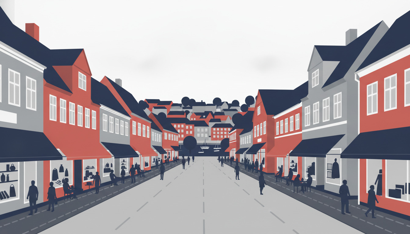 Skælskørs Algade-indkøbsgade med røde og gråe historiske bygninger, spidstage, butiksfacader og havn, der ses mellem bygningerne i baggrunden.
