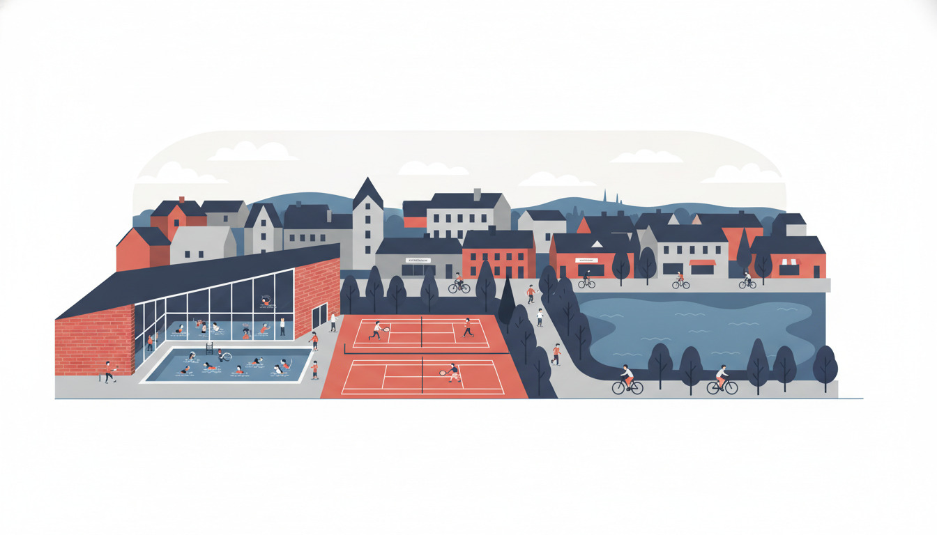 Farbløst samfundssportsbillede af Brønderslev med indendørs svømmebassin, udendørs tennisbaner, cykelsti ved indsø og aktiviteter for alle aldre.