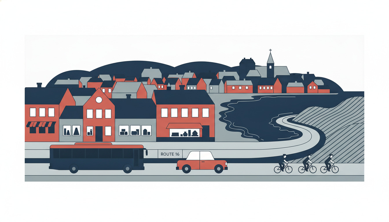 Flad vektorillustration af kystbyen Ebeltoft med røde mursten-bygninger, et middelalderkirketårn, havn og flere transportformer (bus, bil på Rute 16, cyklister) på en vej med hav og rullet landskab i baggrunden.