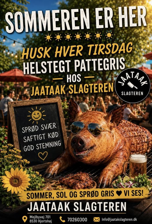 Jaataak Slagteren tilbyder helstegt pattegris med tilbehør for 129 kr.
