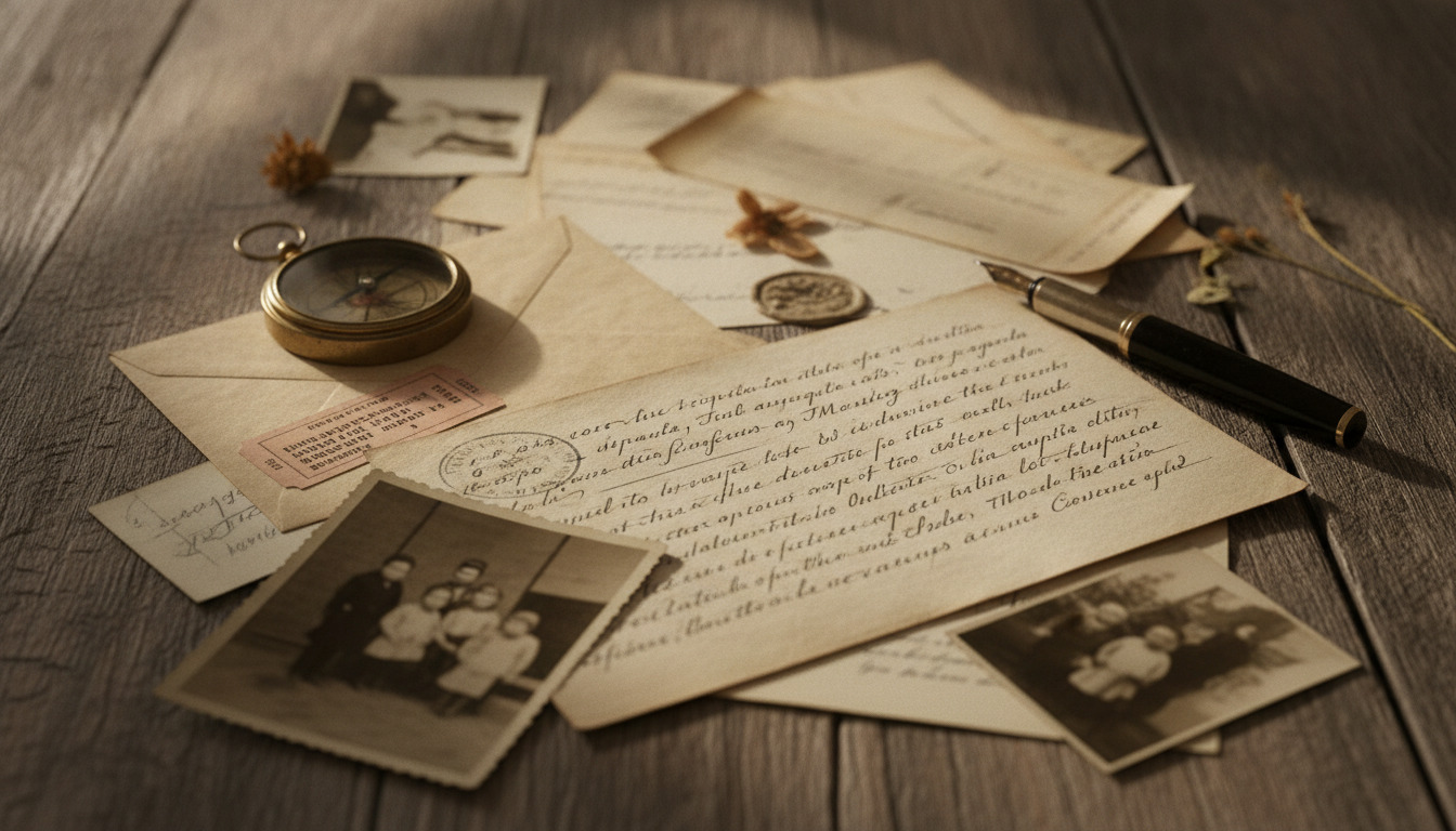 Vintage breve, gamle fotografier og et kompas arrangeret på træ – symbolsk collage af historie og personlige minder.