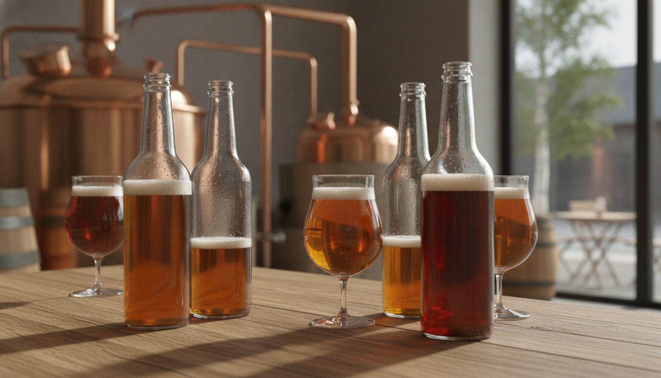 Forskellige øltyper i glas og flasker på træbord med naturligt lys.