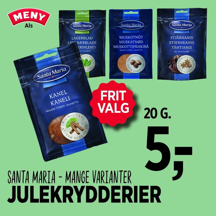 Meny Als lokker med julekrydderier til kun 5 kr.