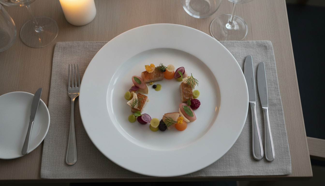 Elegant fint diner med kunstnerisk anrettet tallerken, lyst stearinlys og poleret bestik på hvid dug – generisk fine dining-stemning.