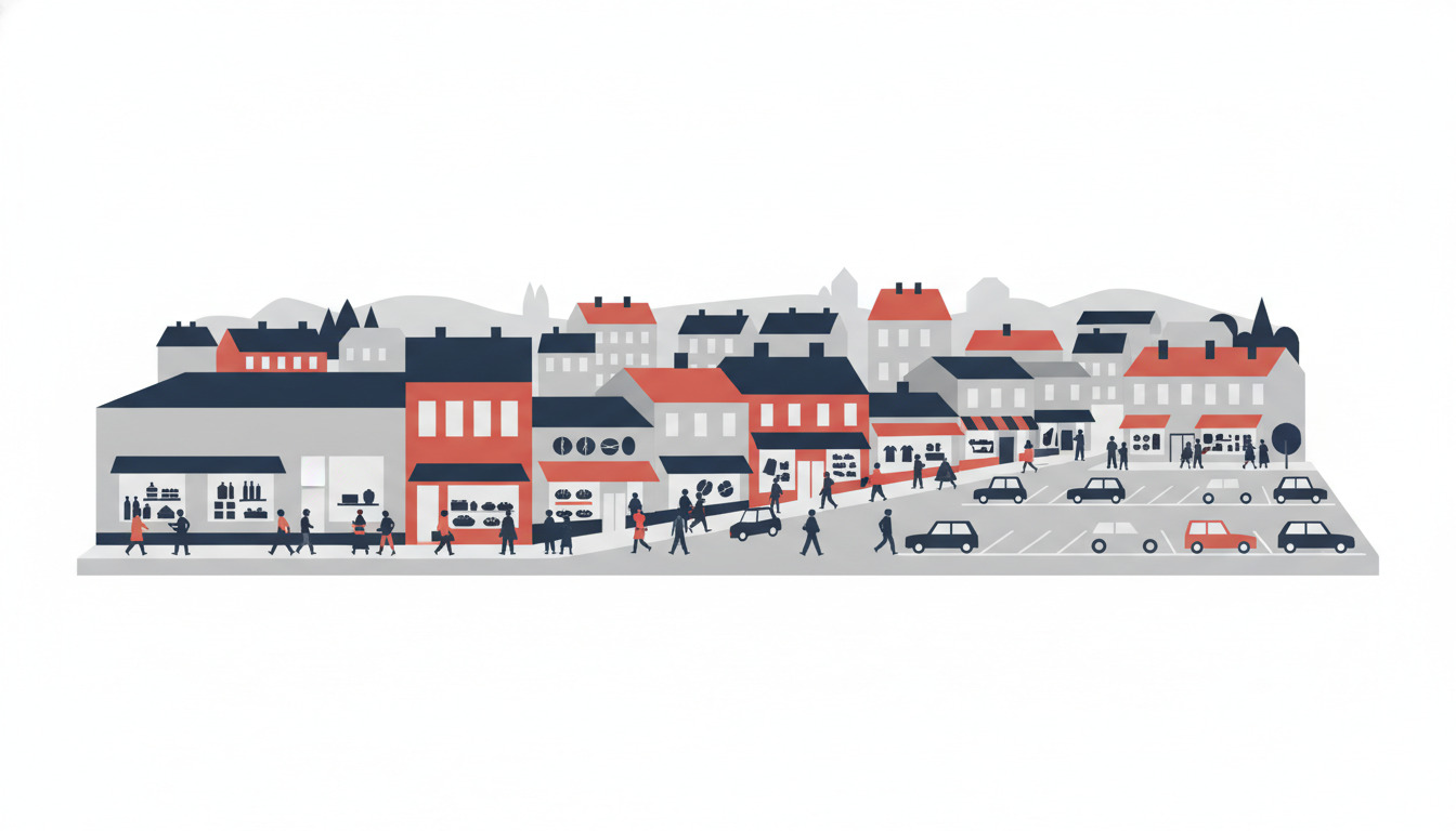 En farverig illustreret butiksgade i Bjerringbro med røde og mørkeblå facade, mennesker, biler og parkeringsplads, der viser en travl handelsby med dagligvarer og service.