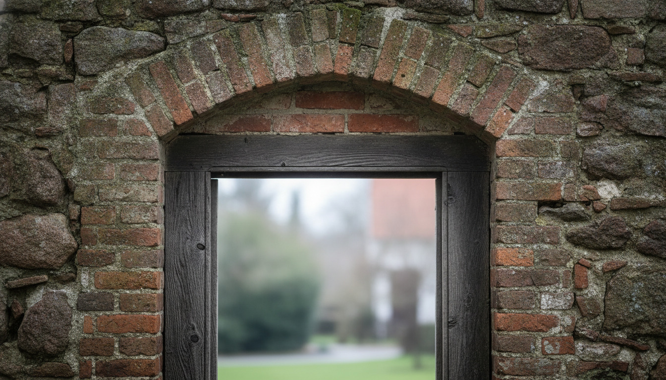 Nærbillede af forviret mursten og sten med mos og patina, detaljer fra gammel arkitektur.