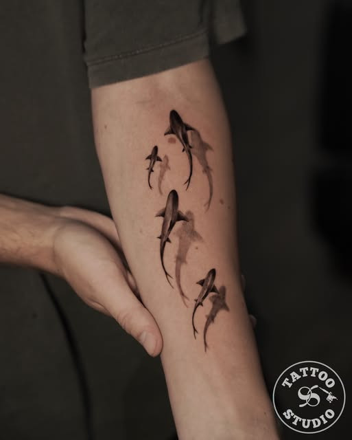 Tattoo Studio 96 Aalborg viser black & grey-tatovering med fire hajer lavet af Furkan