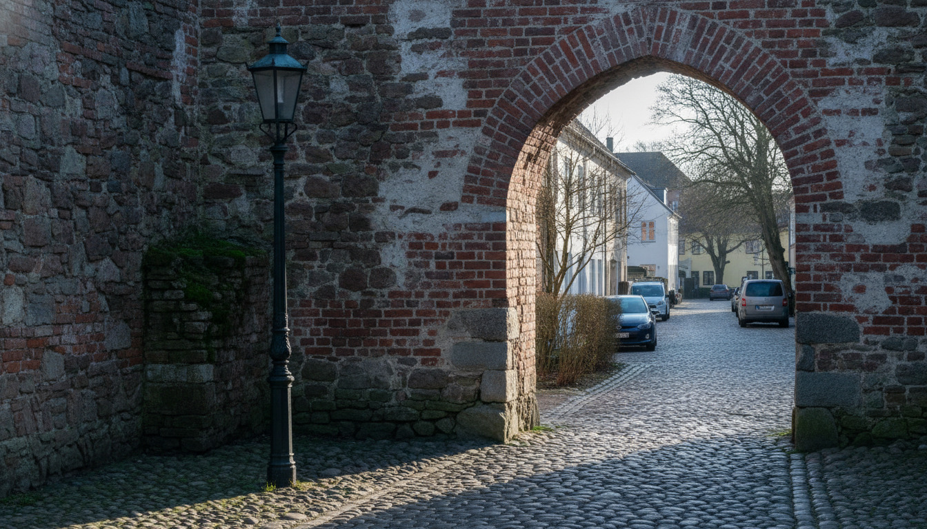 Tæt på mørkt rødt murværk med båret mørtel, en jernlampe og mosgroet kobblesten, væk fra genkendelig rumkontekst.