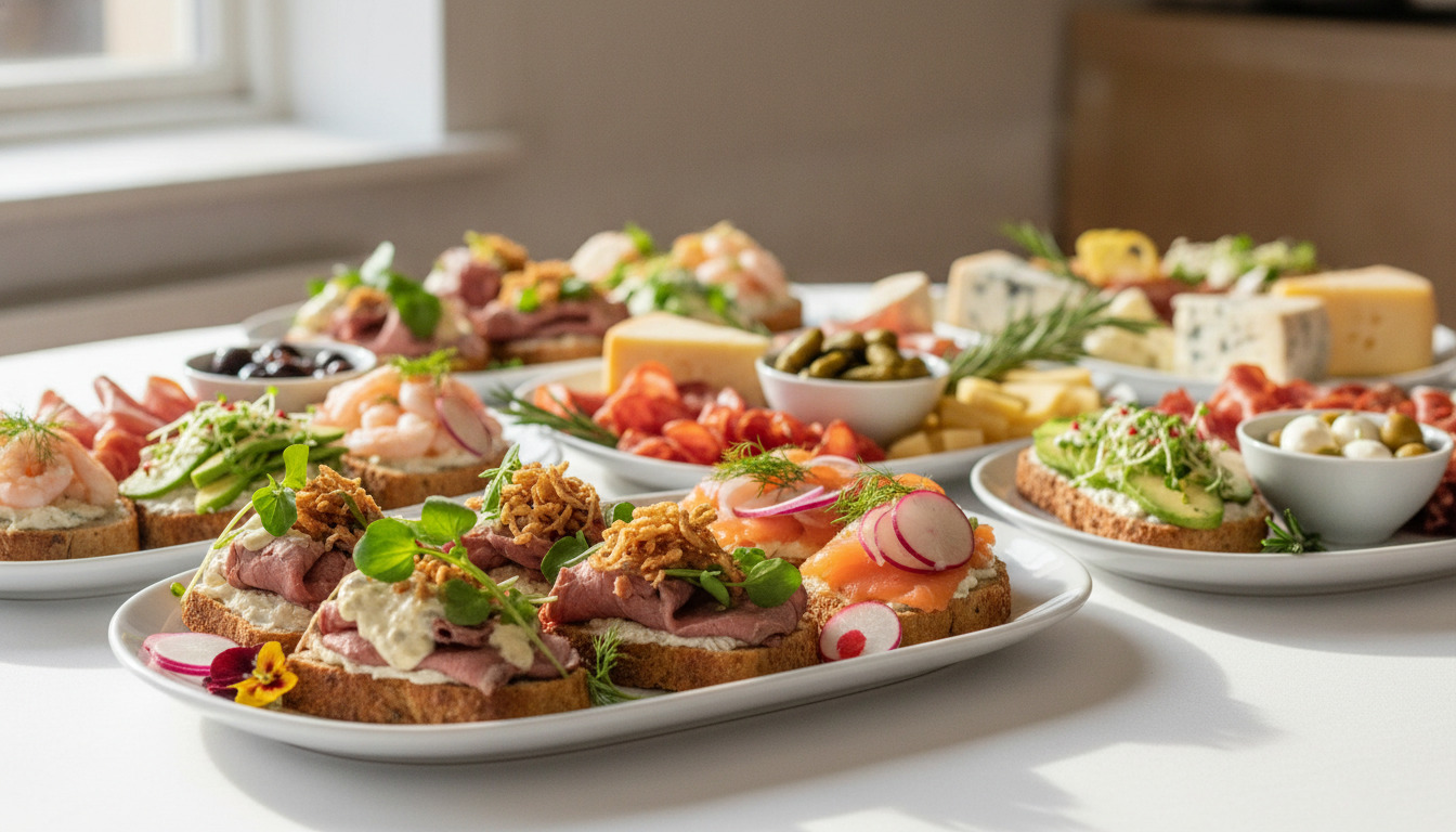 Tæt billede af elegante smørrebrødsmørrebrød med kød, laks, grøntsager og friske urter på hvide fade.